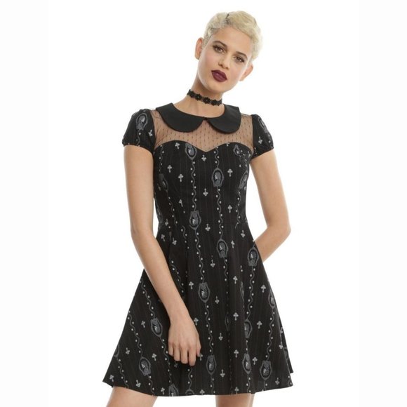 Hell Bunny Dresses & Skirts - Hell Bunny Collared Gemma Mini Dress in Black Pinstripe Skull Cameo - M